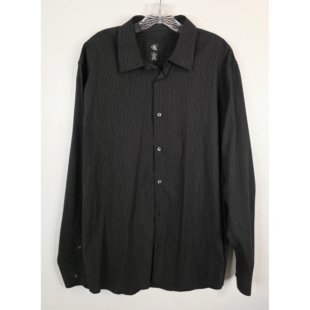 Calvin Klein Mens XL Black Pinstripe Button Down Shirt 100% Cotton Long Sleeve